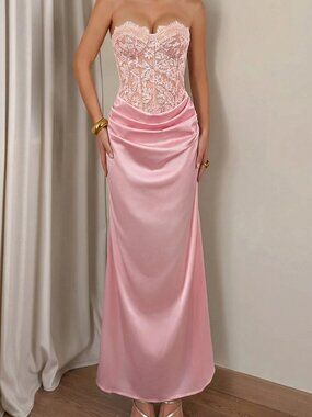 Pink Elegant Women's Lace Applique Strapless Long Dress